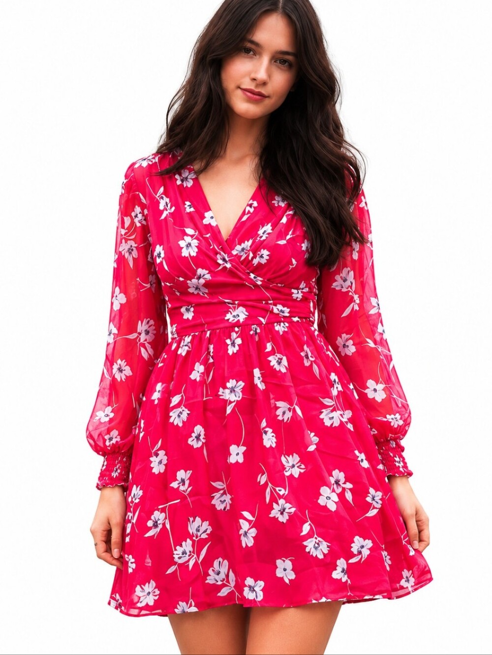 New red floral plunging v neck chiffon fairycore smocked Flowy dress NWT sz S